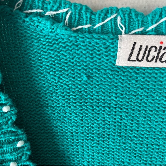 Vintage Sweater XL Lucia Cardigan Teal Green Knit Embroidered Floral Scalloped - Picture 6 of 16